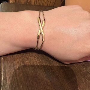 Vintage Monet Double Strand X Shaped Bracelet Gold Tn 7" Bracelet w/ safety chai